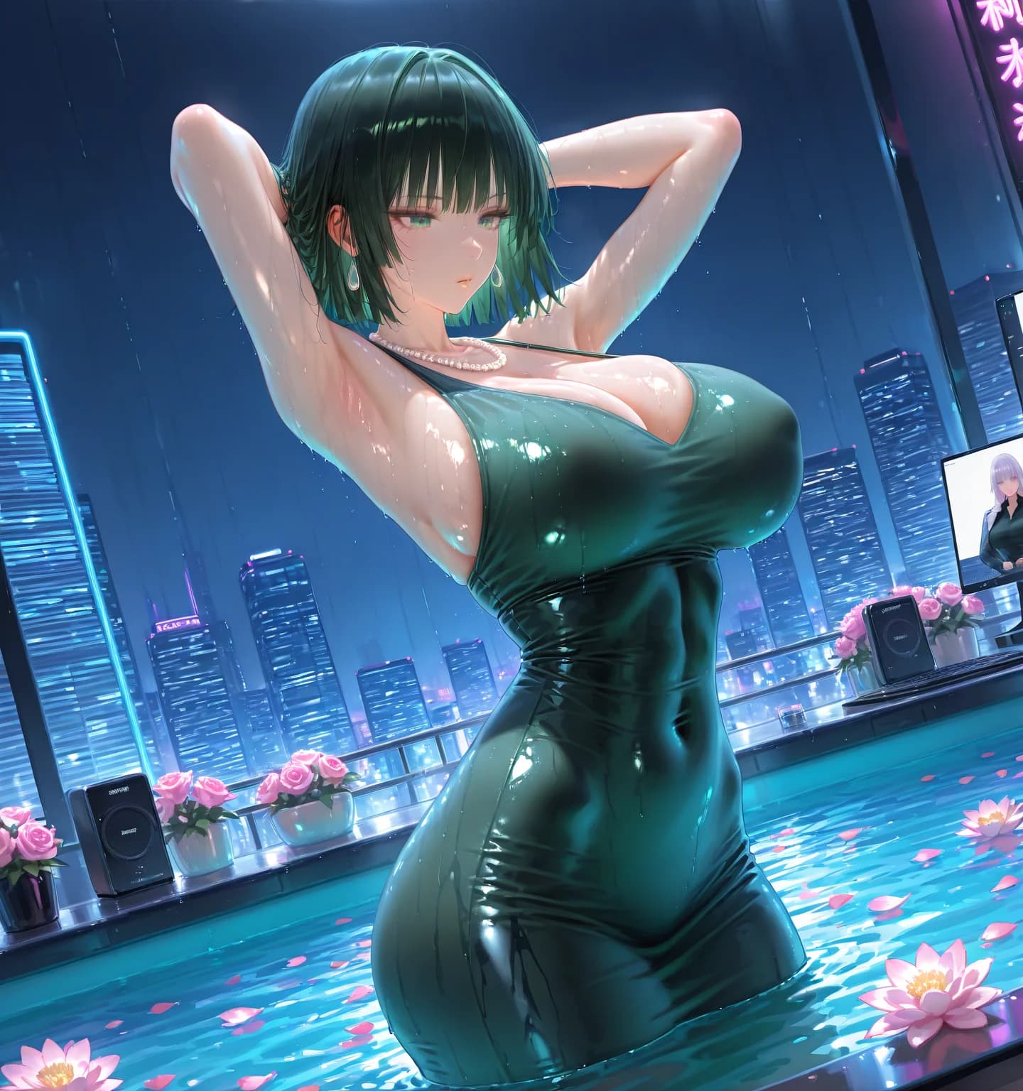 UnityNay One-Pistol Man Blowing Snow Green Breast Open Dress